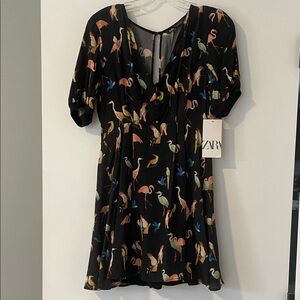 Zara Black Dress with Multicolor Bird Pattern